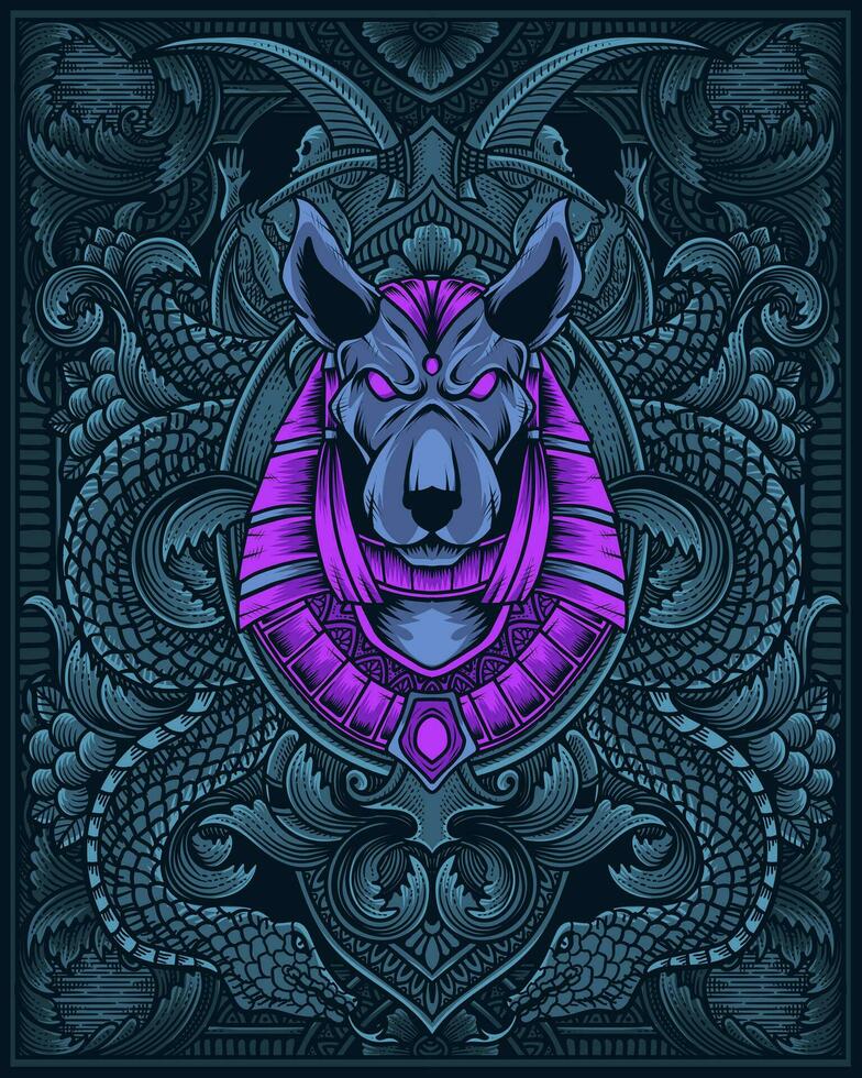 Anubis head with antique engraving ornament vector