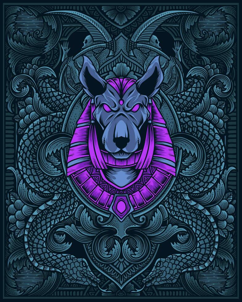 anubis cabeza con antiguo grabado ornamento vector