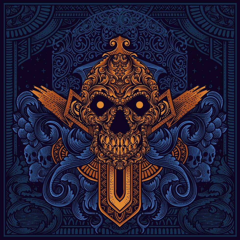 Skull head ornament style with Two baby demon engraving style vector