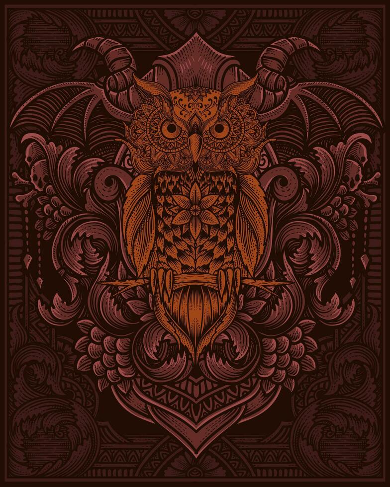 búho pájaro mandala estilo con antiguo grabado ornamento vector