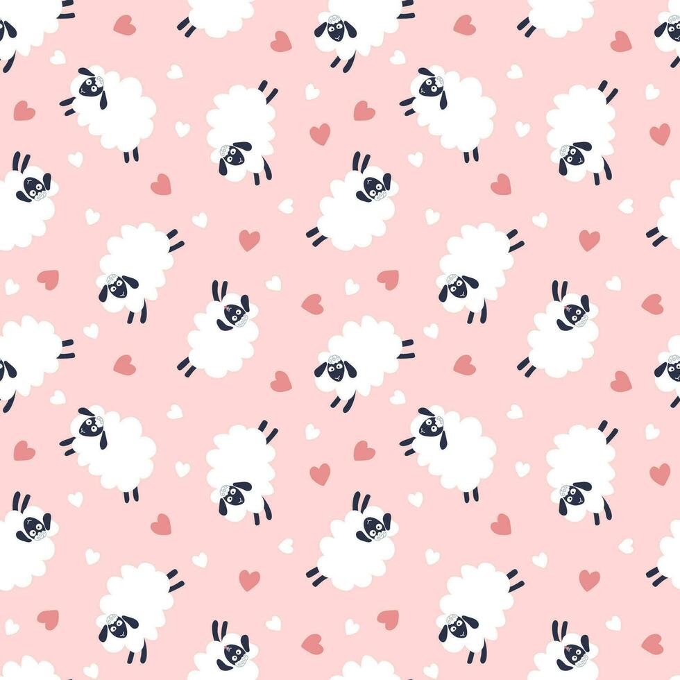 Cute sheep and hearts. Seamless pattern, vector illustration