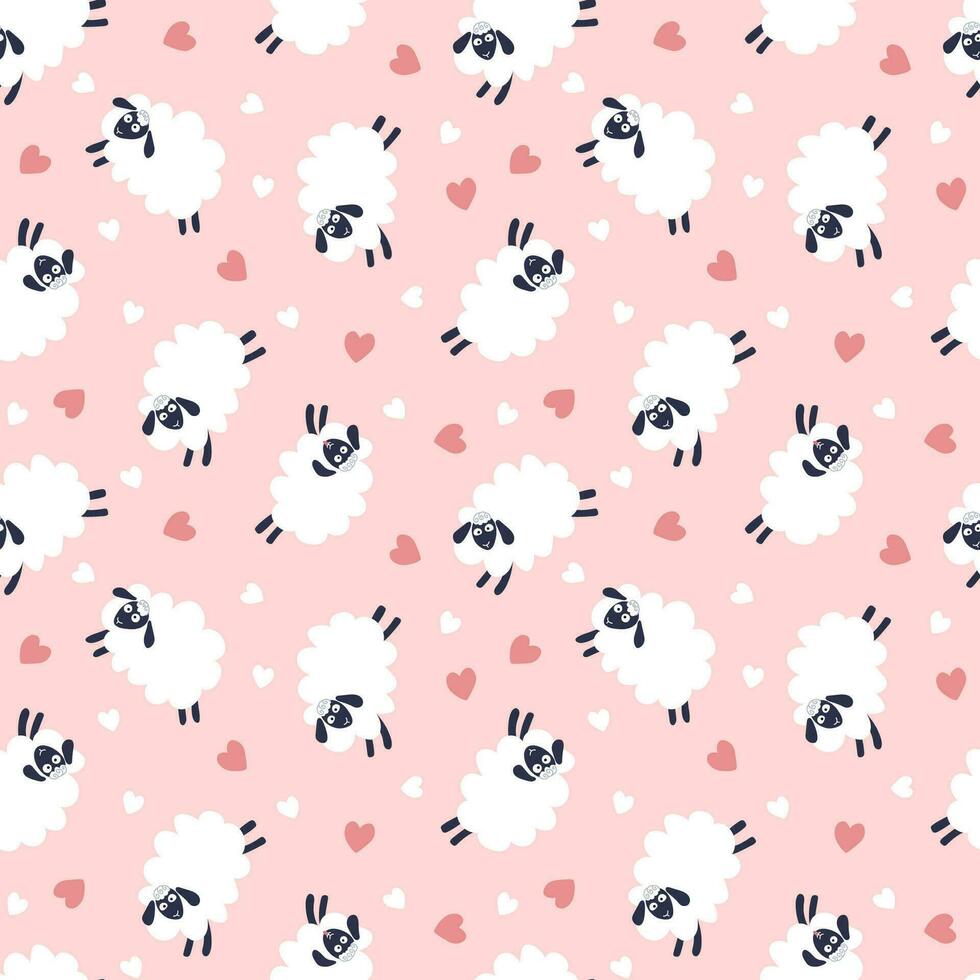 Cute sheep and hearts. Seamless pattern, vector illustration