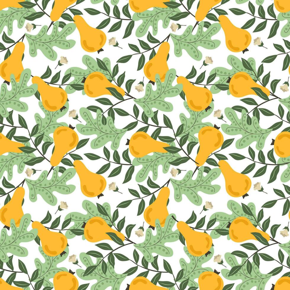 Pears in leaves. Floral pattern. Seamless pattern, vector illustration