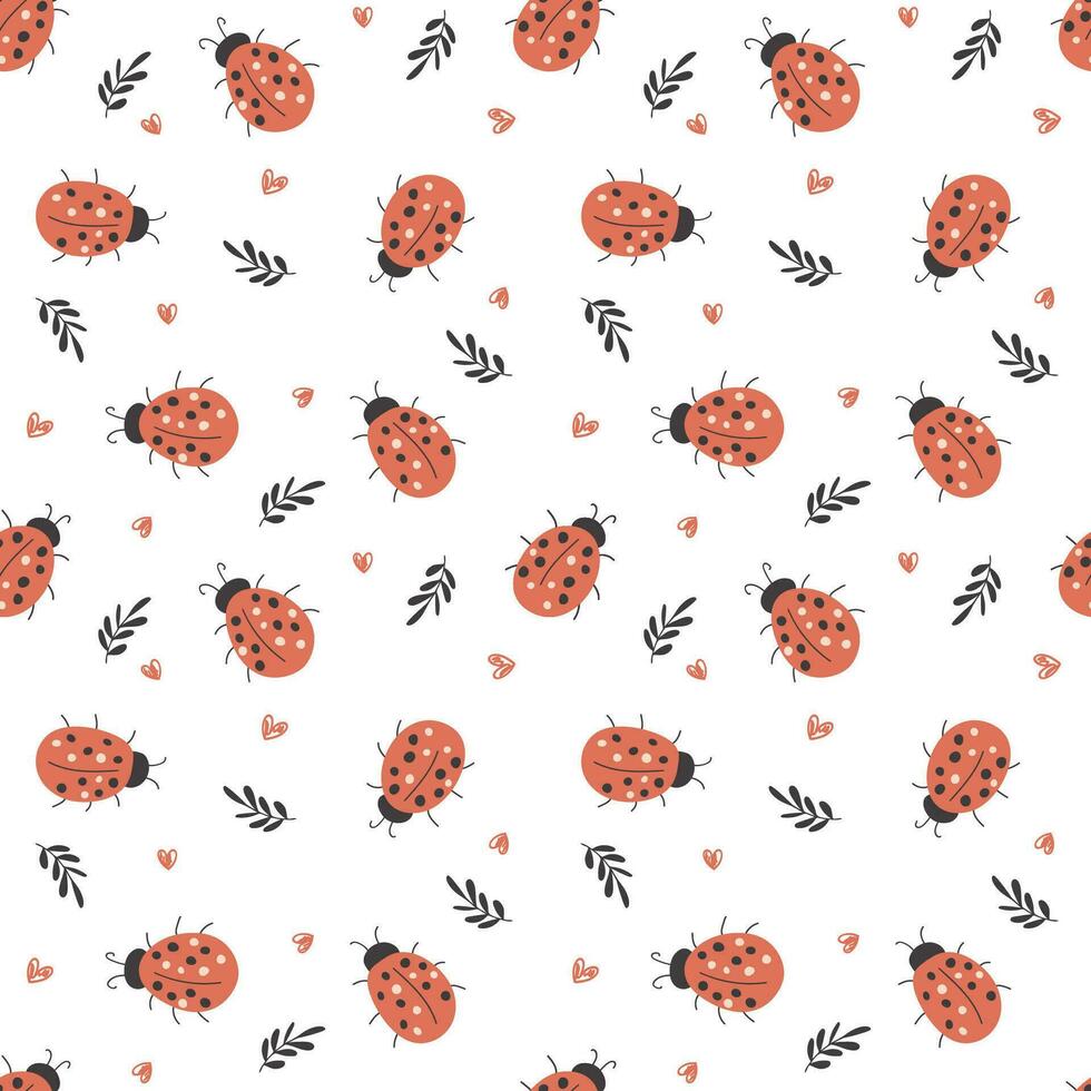 Ladybugs and flowers. Simple pattern. Seamless pattern, vector illustration