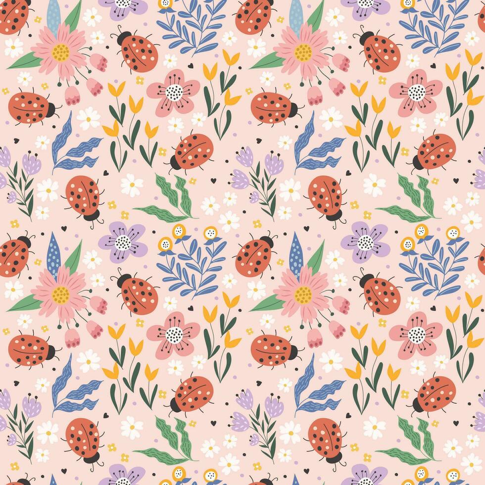 Ladybugs among flowers. Summer pattern. Seamless pattern, vector illustration