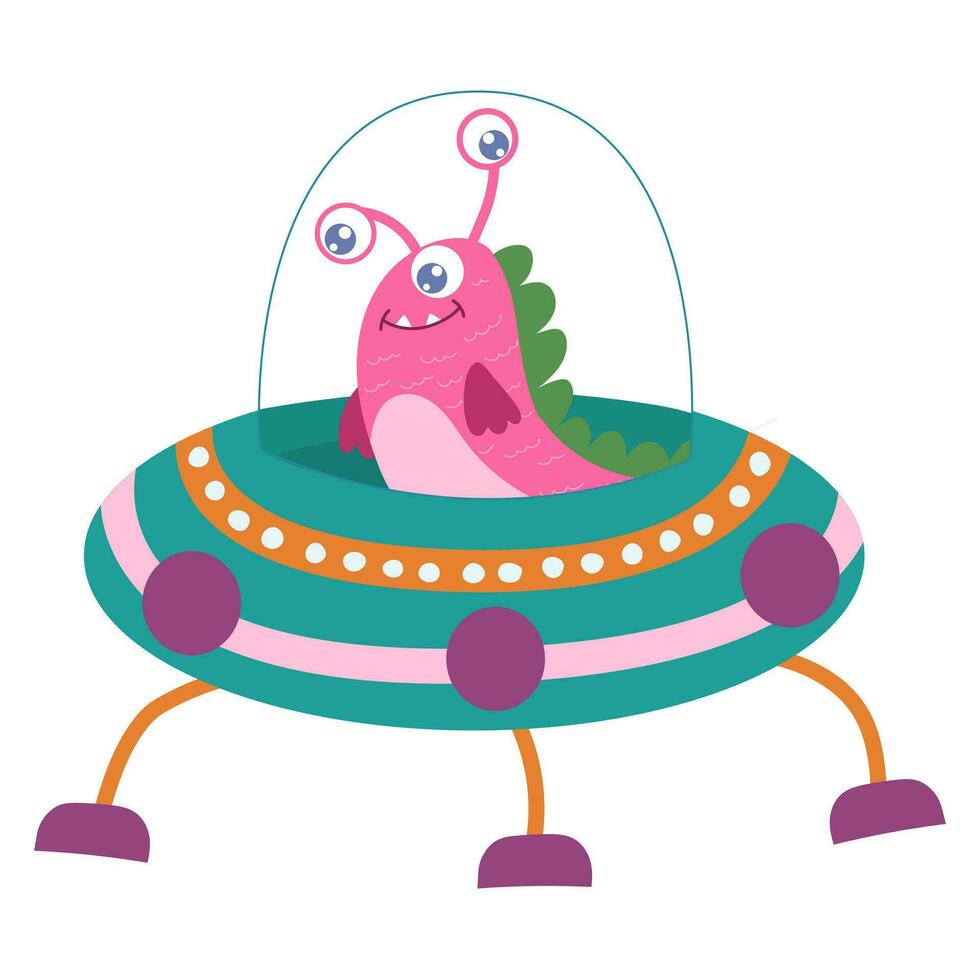 Cute cartoon monster, alien in a flying saucer, ufo.. Vector illustration on a white background.