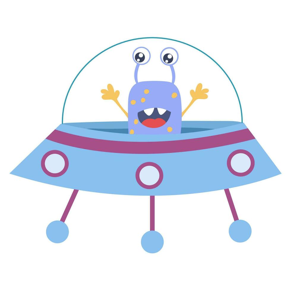 Cute cartoon monster, alien in a flying saucer, ufo.. Vector illustration on a white background.