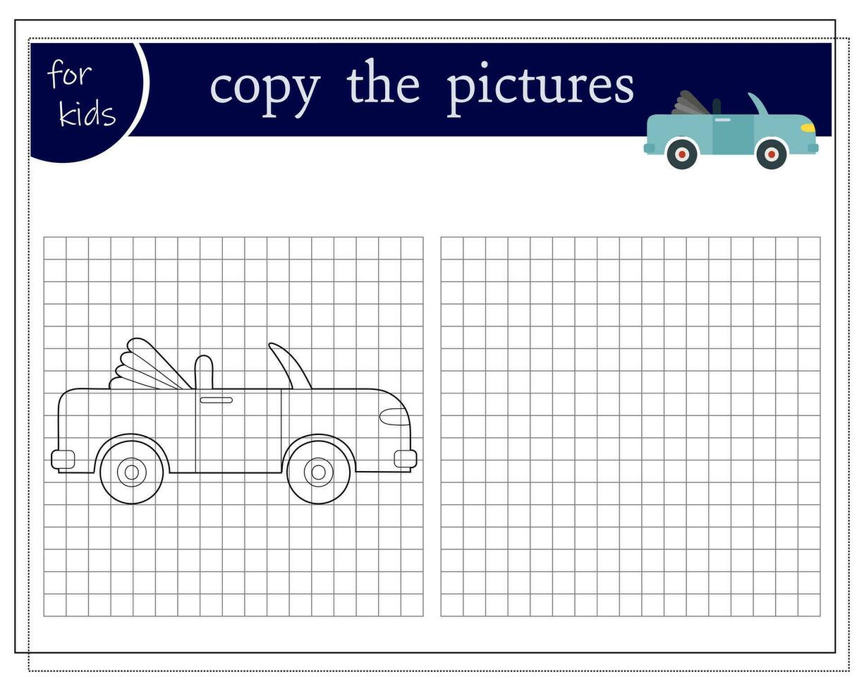 Copy a picture, an educational game for children, a cartoon car, a cabriolet. Vector illustration on a white background