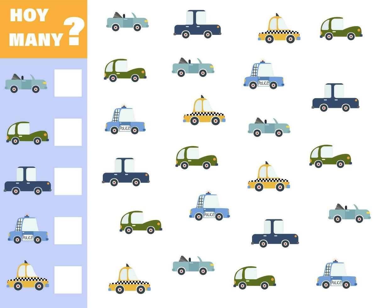 Counting game for preschool children. Educational math game. Count how many cars there are and write down the result. vector