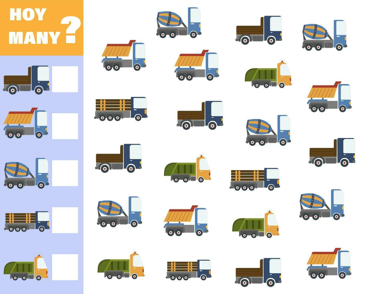 Counting game for preschool children. Educational math game. Count how many cars there are and write down the result. vector