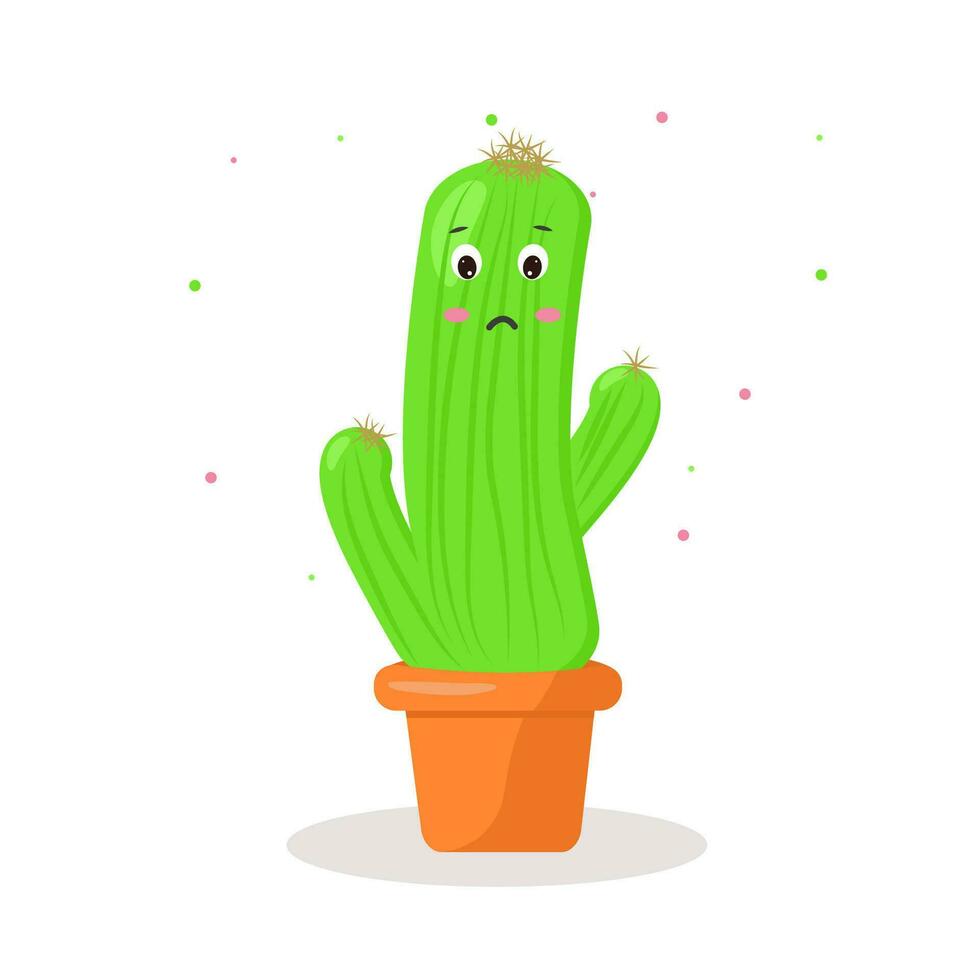 the character is a kawaii cactus in a pot with emotions sad vector