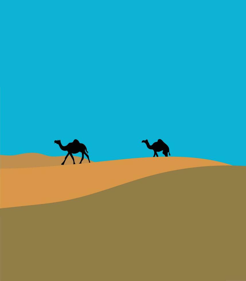 camels and desert landscape with blue sky vector