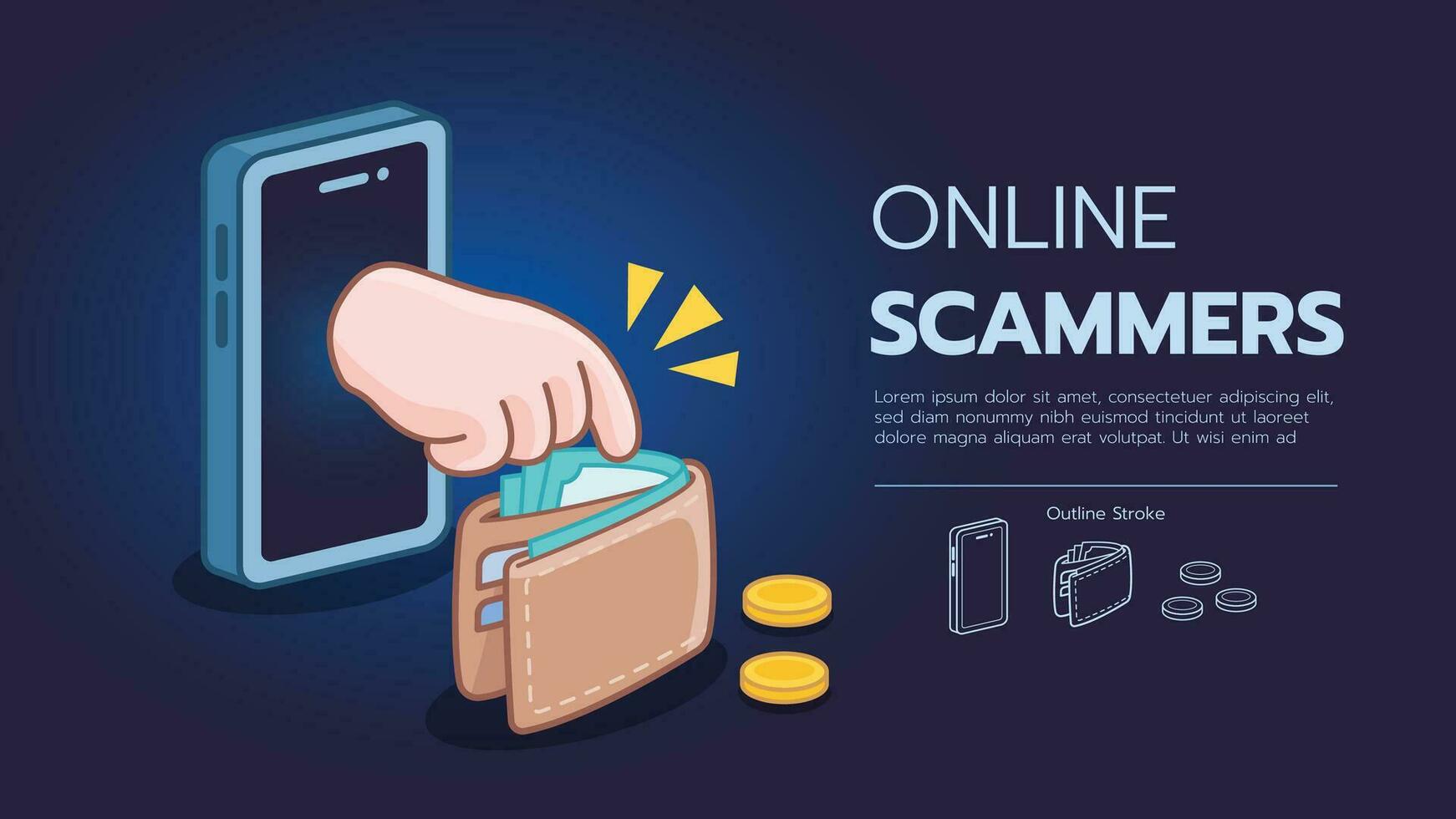 Hand taking money from wallet, online scam, cyber crime vector