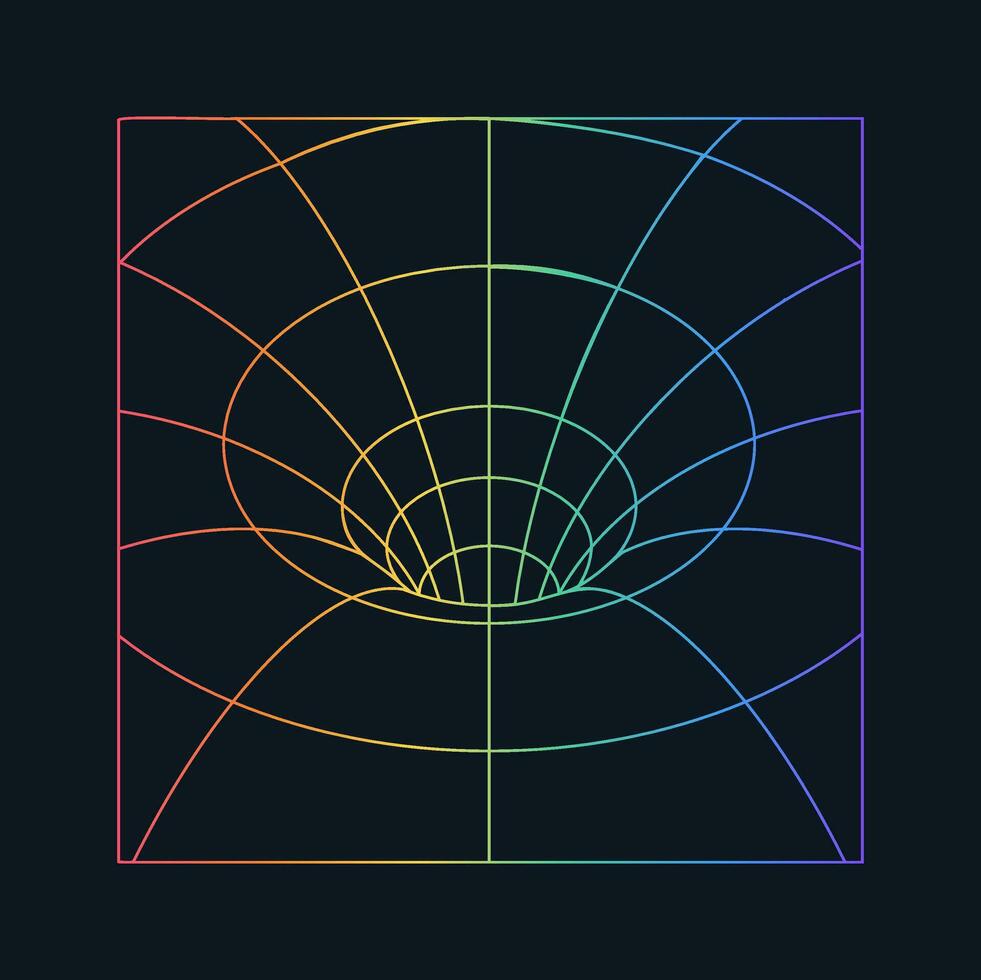 Distorted and warped rainbow laser grid on dark background. Retrowave, synthwave, rave, vaporwave.Trendy retro 1980s, 90s style vector