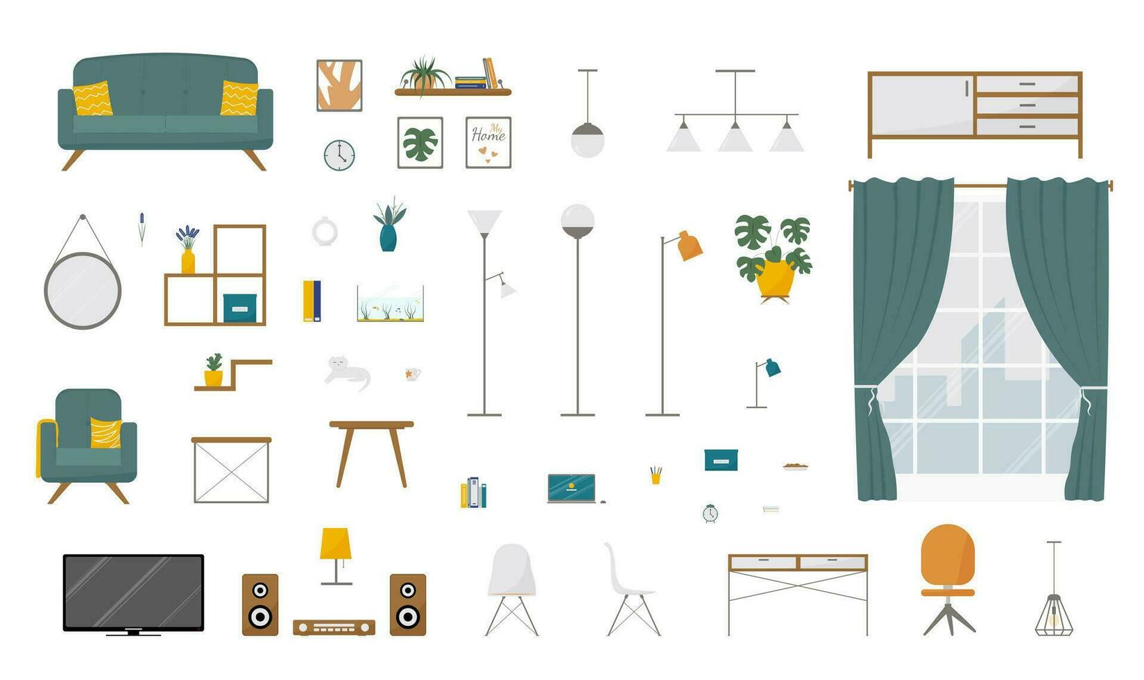 Living room vector illustration set of elements. Design trendy items for home or office in flat style.