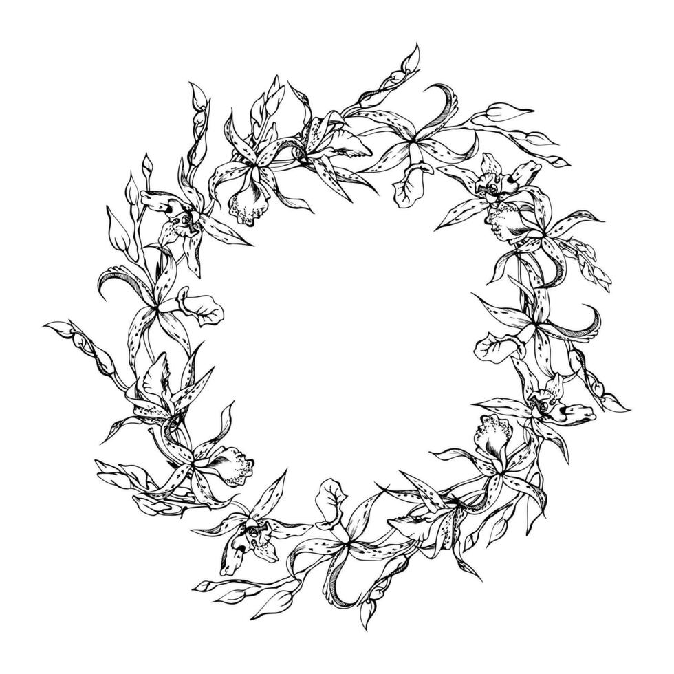 Hand drawn vector ink orchid flowers and branches, monochrome, detailed outline. Circle wreath composition. Isolated on white background. Design for wall art, wedding, print, tattoo, cover, card.