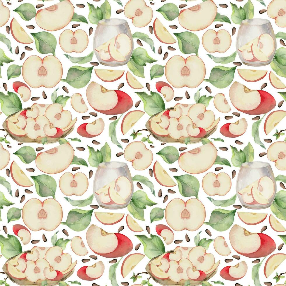 Hand drawn watercolor apple fruits, ripe, full and slices red and green with leaves. Seamless pattern. Isolated object on white background. Design for wall art, wedding, print, fabric, cover, card. vector