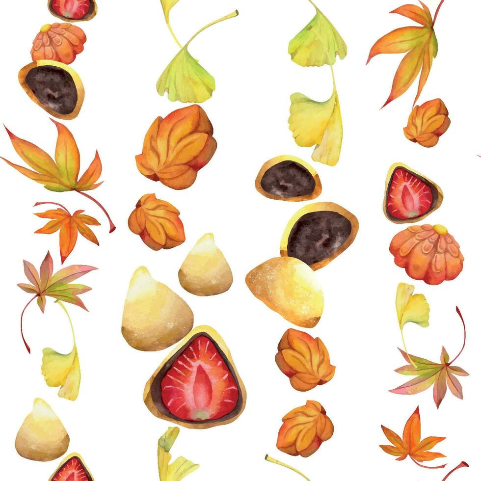 Watercolor seamless pattern with hand drawn traditional Japanese sweets. Wagashi, mochi, autumn maple leaves Isolated on white background. Invitations, restaurant menu, greeting cards, print, textile vector