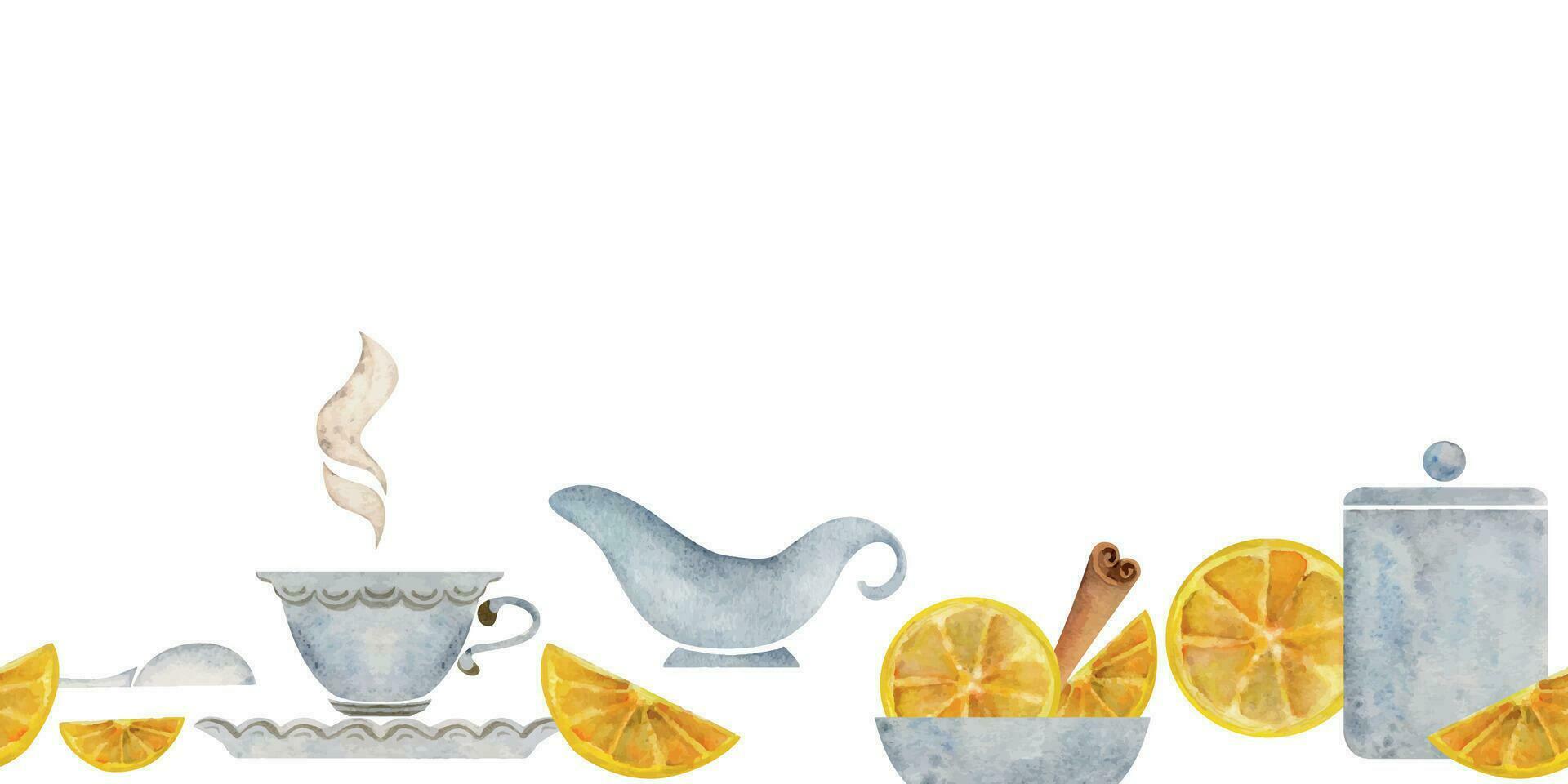 Watercolor hand drawn illustration. Tea pot cups saucer lemon cinnamon green leaf. Seamless banner. Isolated on white background. For invitations, cafe, restaurant food menu, print, website, cards vector