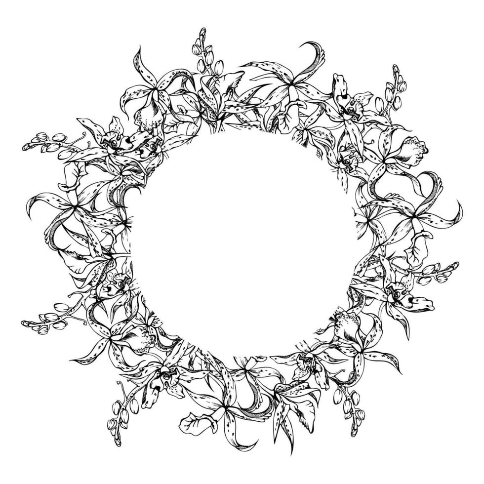 Hand drawn vector ink orchid flowers and branches, monochrome, detailed outline. Circle wreath composition. Isolated on white background. Design for wall art, wedding, print, tattoo, cover, card.