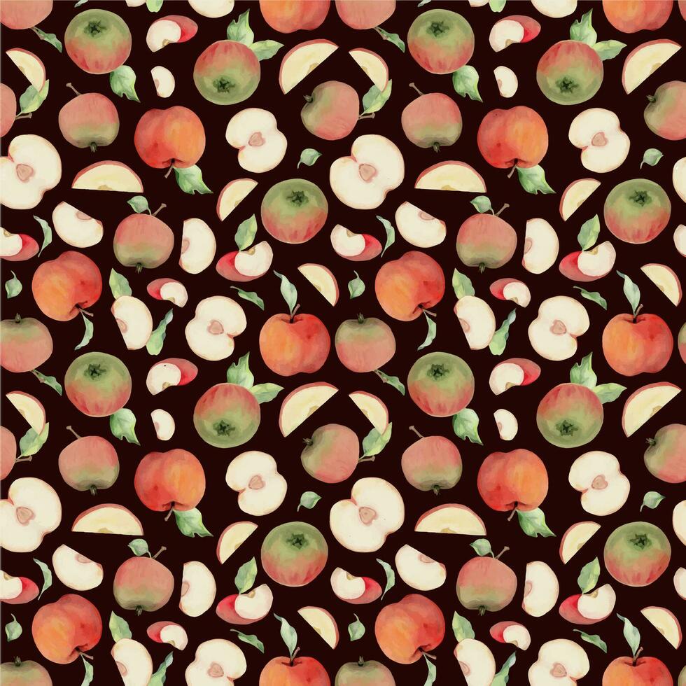 Hand drawn watercolor apple fruits, ripe, full and slices red and green with leaves. Seamless pattern. Isolated object on color background. Design for wall art, wedding, print, fabric, cover, card. vector