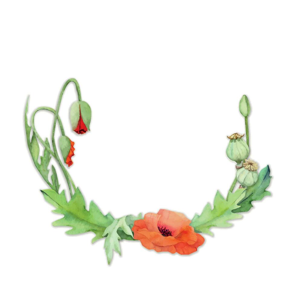 Watercolor circle frame arrangement with hand drawn summer bright red poppy flowers. Isolated on white background. Design for invitations, wedding, love or greeting cards, paper, print, textile vector
