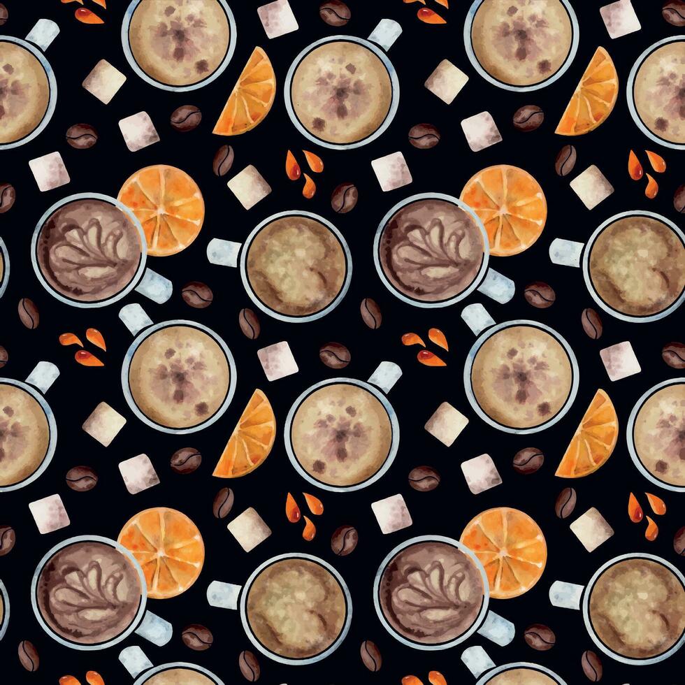 Watercolor hand drawn seamless pattern with coffee cups, beans, sugar cubes, orange slices, juice drops. Isolated on dark background For invitations, cafe, restaurant food menu, print, website, cards vector