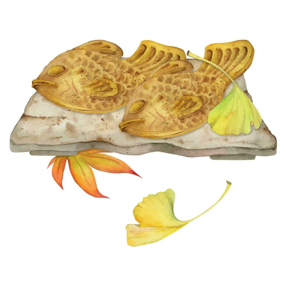 Watercolor hand drawn traditional Japanese sweets. Ceramic dish, taiyaki, autumn maple leaves. Isolated on white background. Design for invitations, restaurant menu, greeting cards, print, textile vector