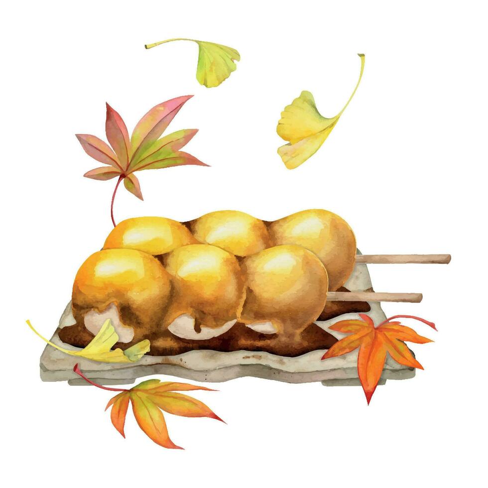 acuarela mano dibujado tradicional japonés dulces cerámico plato, mitarashi dango, otoño hojas. aislado en blanco antecedentes. diseño para invitaciones, restaurante menú, saludo tarjetas, imprimir, textil vector