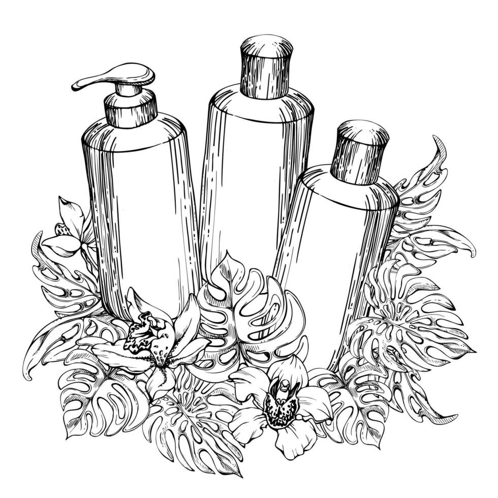 Hand drawn vector ink spa skincare bath beauty products package flowers. Horizontal composition Isolated on white background. Design for wall art, wellness resort, print, fabric, cover, card, booklet.