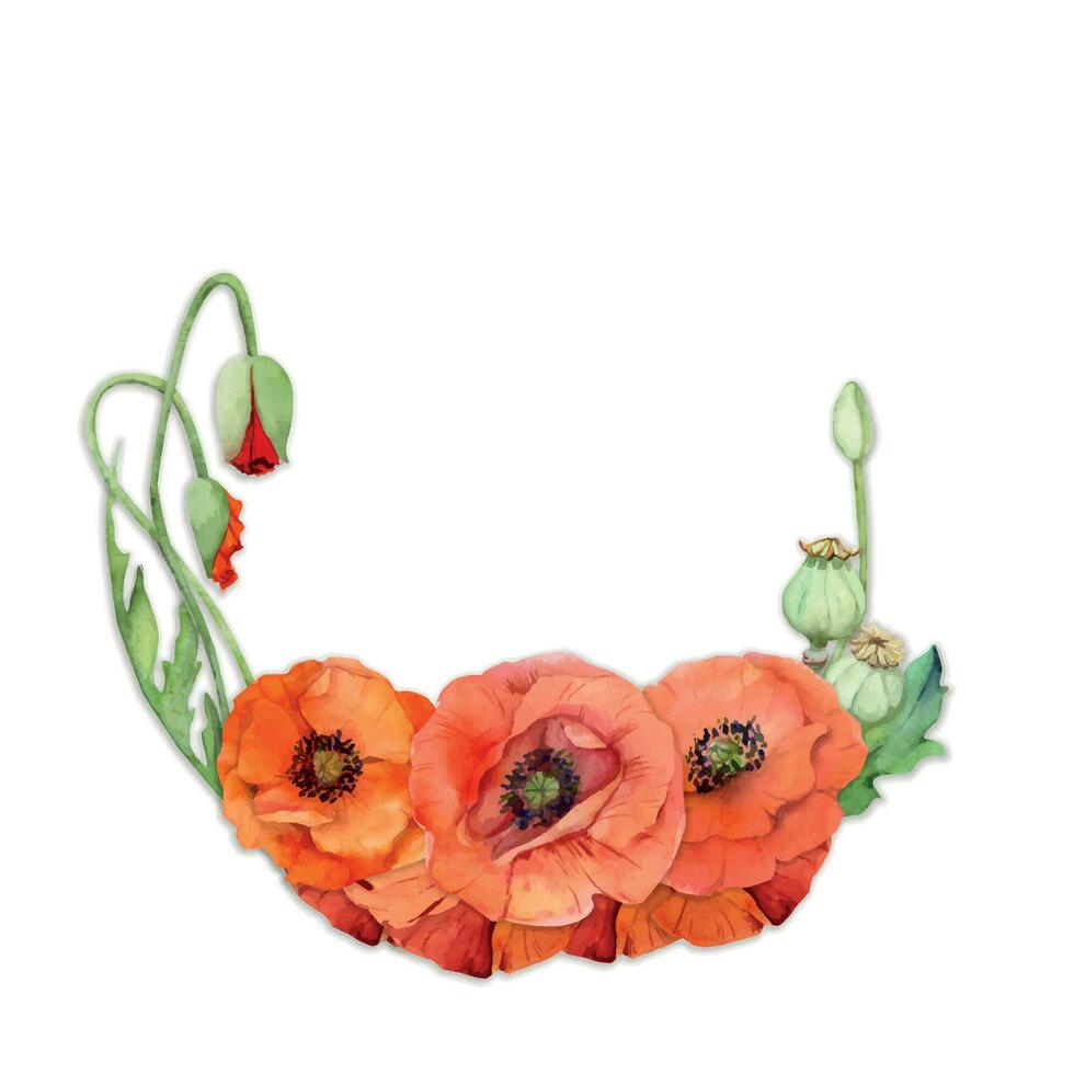 Watercolor circle frame arrangement with hand drawn summer bright red poppy flowers. Isolated on white background. Design for invitations, wedding, love or greeting cards, paper, print, textile vector