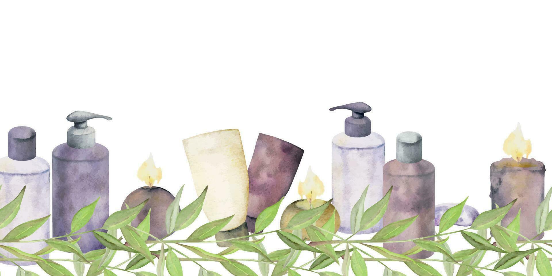Hand drawn watercolor spa skincare bath beauty products package. Seamless horizontal banner. Isolated on white background. Design for wall art, wellness resort, print, fabric, cover, card, booklet. vector