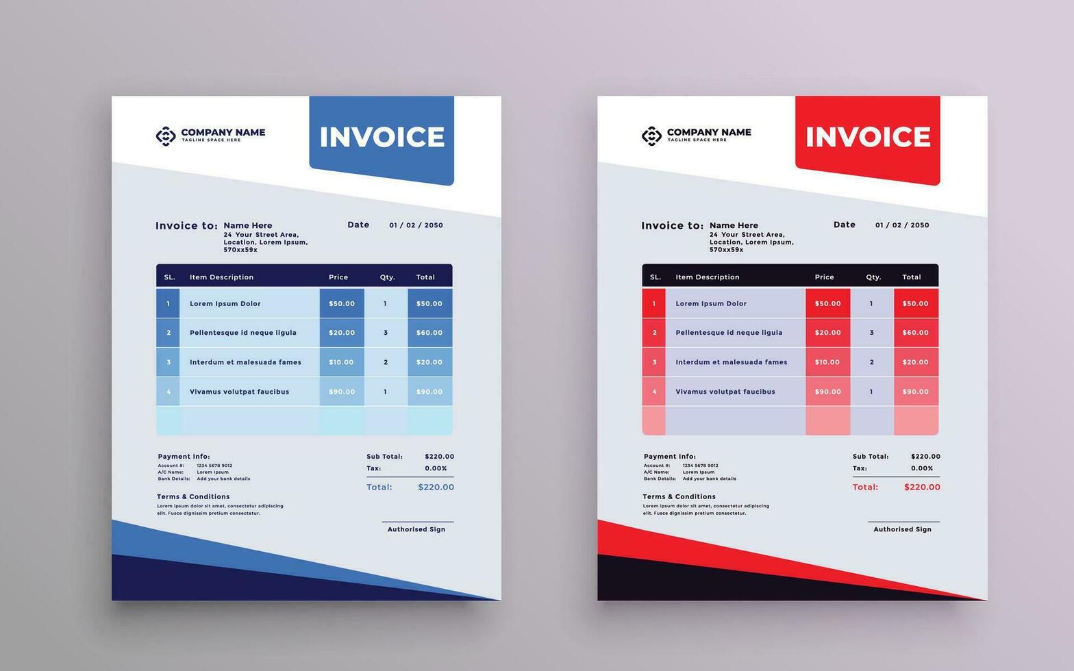 Minimal 2 Corporate Business Invoice design vector template. Creative invoice template. A4 size.
