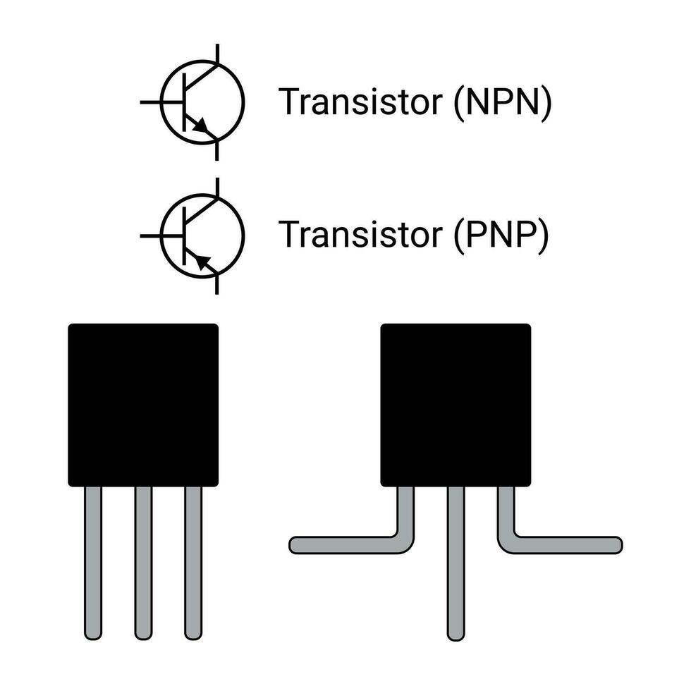 Transistor and Symbol. NPN and PNP Transistors. vector
