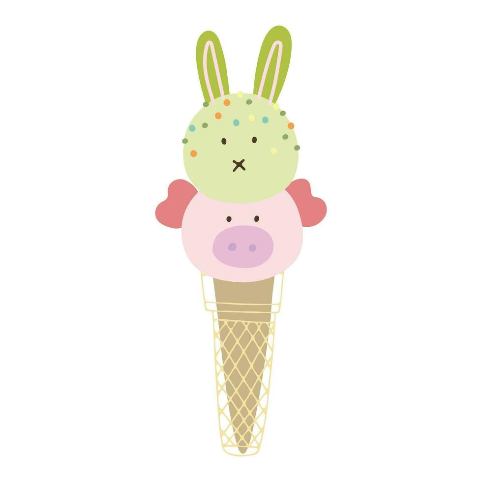 Vector illustrations of cute animals ice cream rubbit and pig.