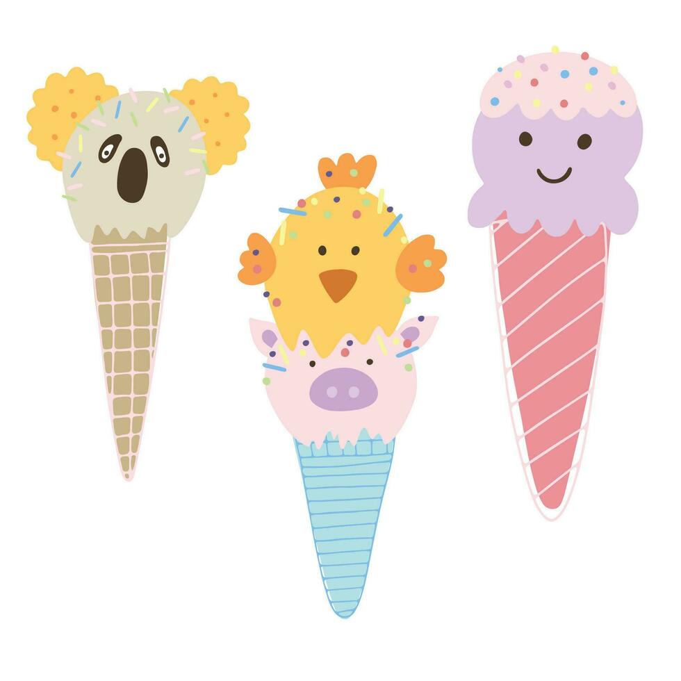 Animals ice cream illustration set. vector