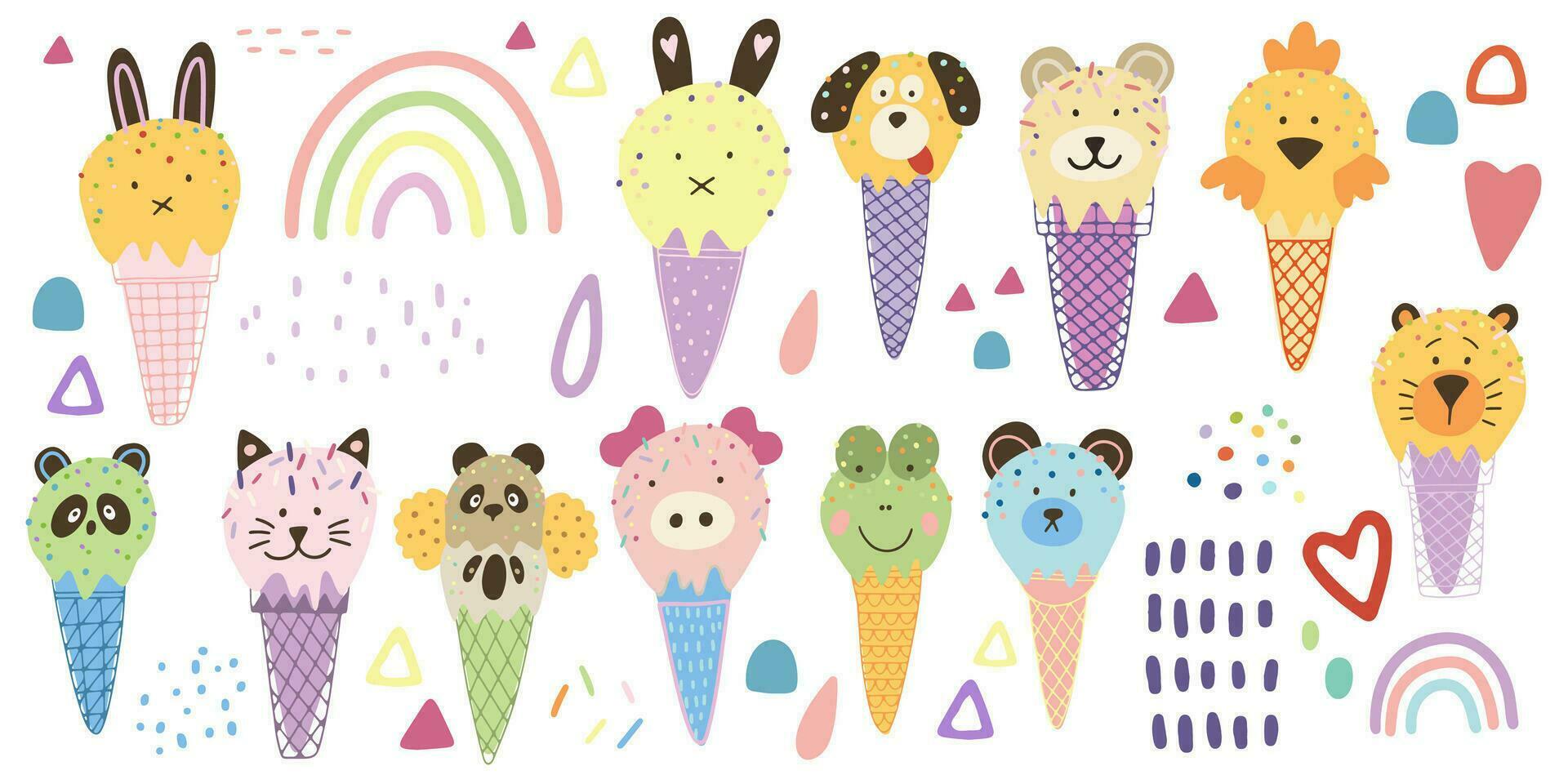 Set of illustrations of ice cream with animals and abstract elements. vector