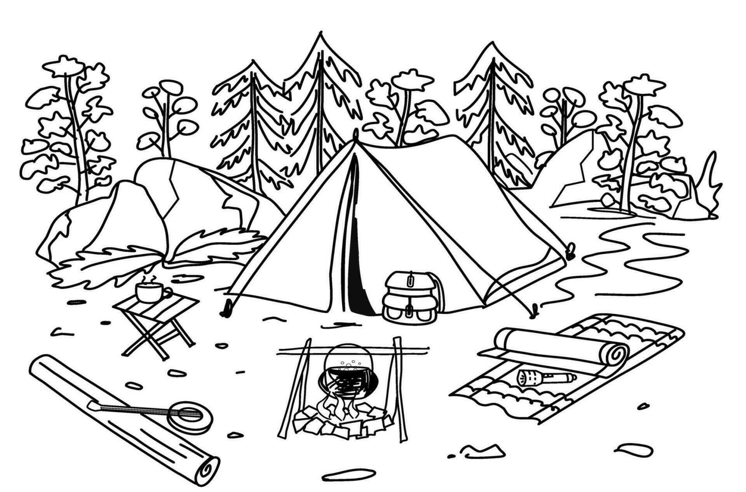 Camping in the woods, tent, backpack, mat, fire and plants black and white . vector