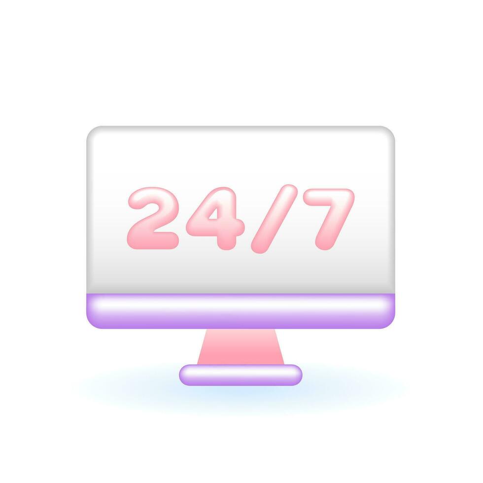 3D Computer 24 hours 7 days Support Icon. Customer Service Concept. Glossy Glass Plastic Pastel Color. Cute Realistic Cartoon Minimal Style. 3D Render Vector Icon UX UI Isolated Illustration.