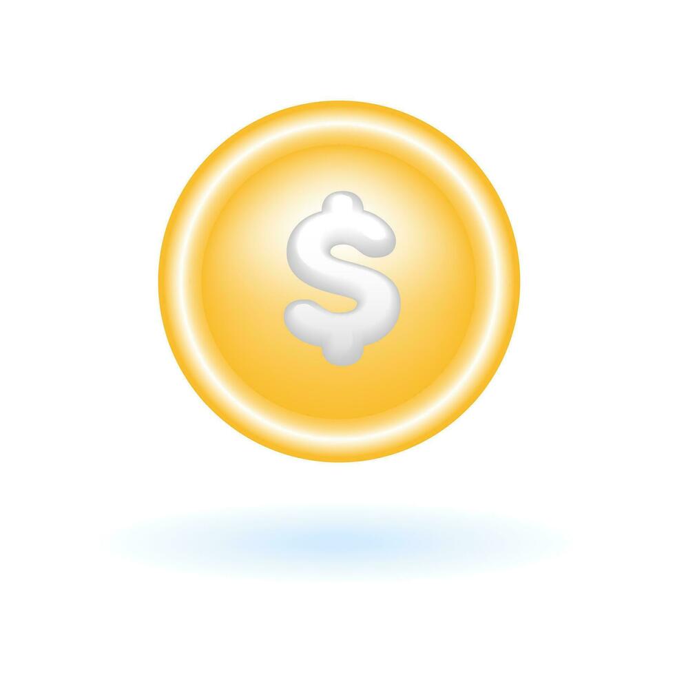 3D Gold Coin Money Dollar Currency Sign Icon. Business Finance Concept. Glossy Glass Plastic Pastel Color. Cute Realistic Cartoon Minimal Style. 3D Render Vector Icon UX UI Isolated Illustration.