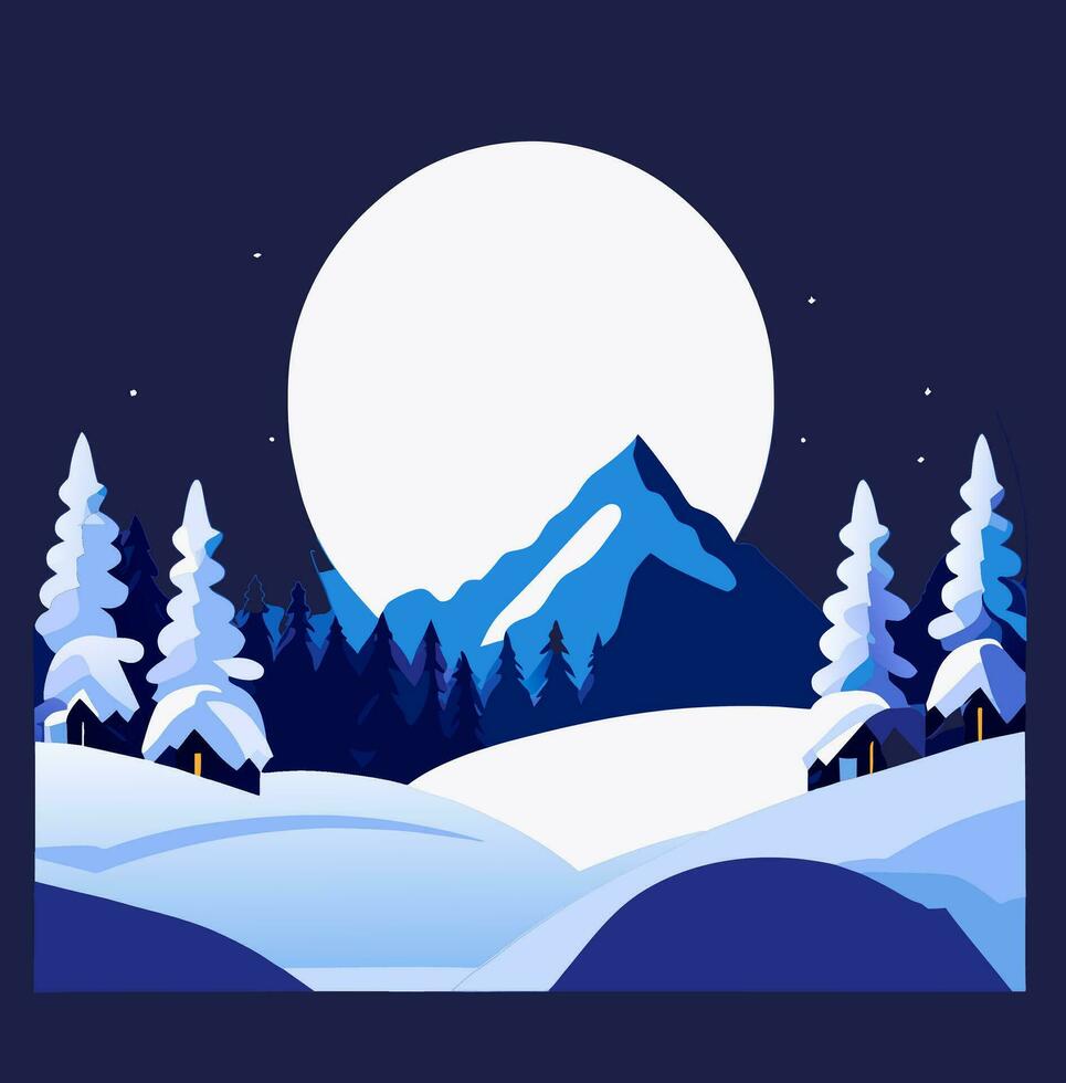 Winter Mountain Forest Landscape Background, Pine Snow Trees Woods Flat Vector Illustration