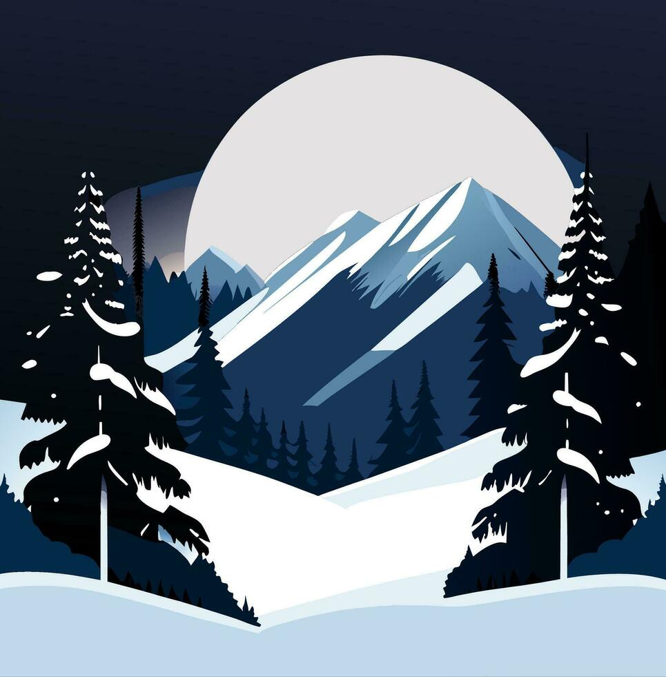 invierno montaña bosque paisaje fondo, pino nieve arboles bosque plano vector ilustración