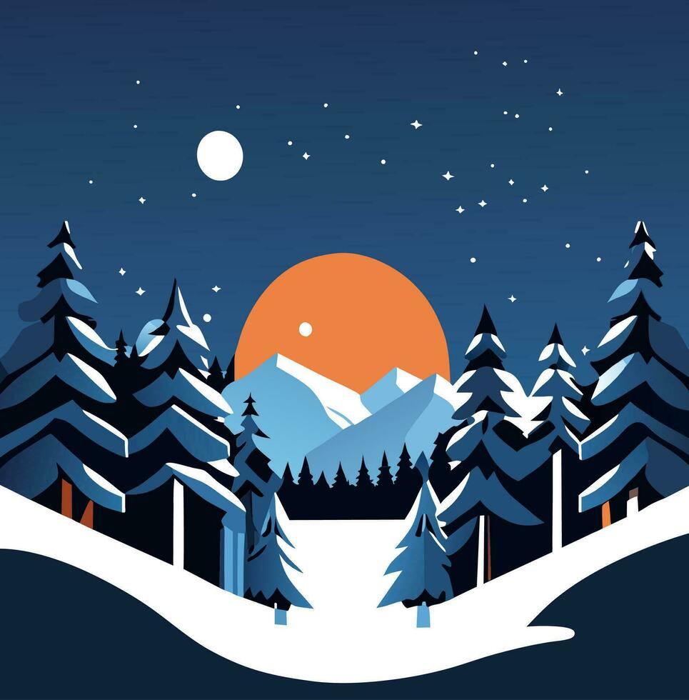 Winter Mountain Forest Landscape Background, Pine Snow Trees Woods Flat Vector Illustration