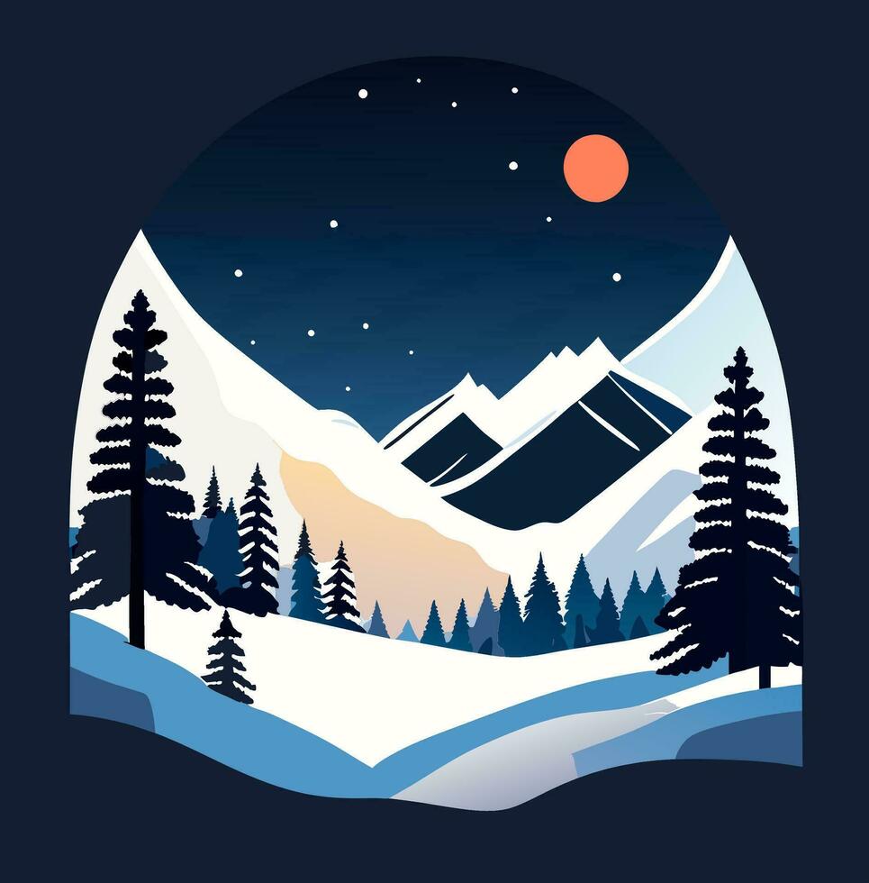 Winter Mountain Forest Landscape Background, Pine Snow Trees Woods Flat Vector Illustration