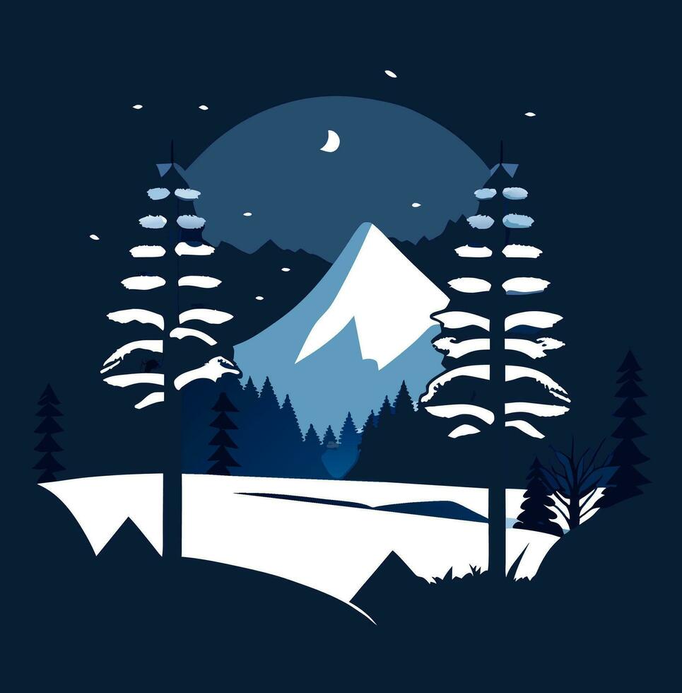 Winter Mountain Forest Landscape Background, Pine Snow Trees Woods Flat Vector Illustration