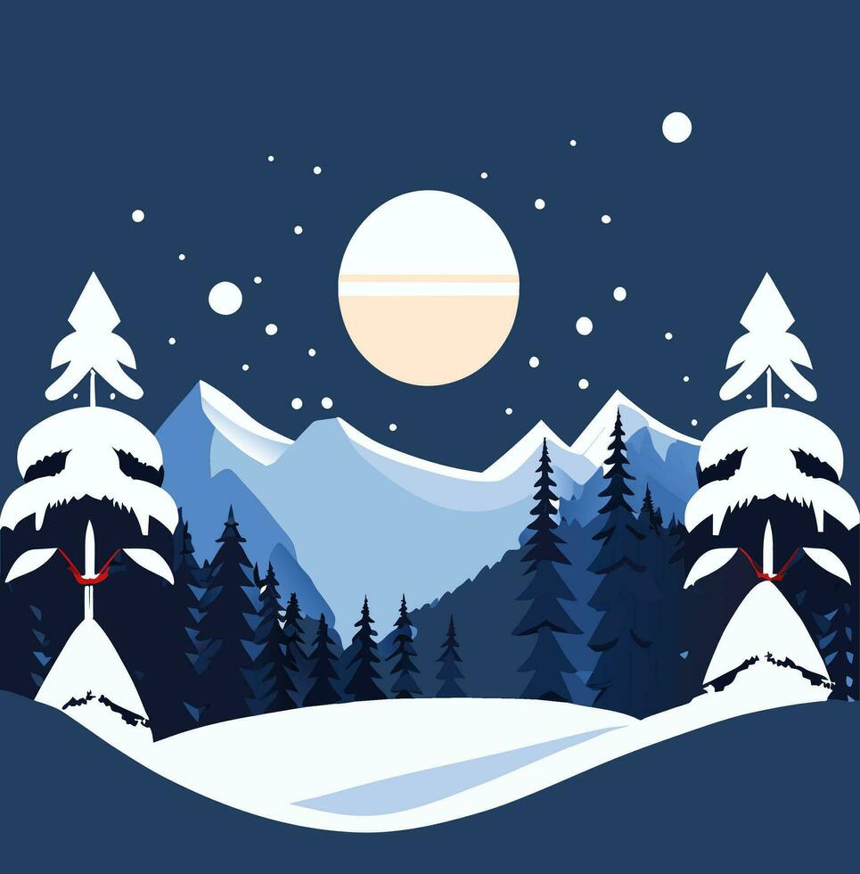 Winter Mountain Forest Landscape Background, Pine Snow Trees Woods Flat Vector Illustration