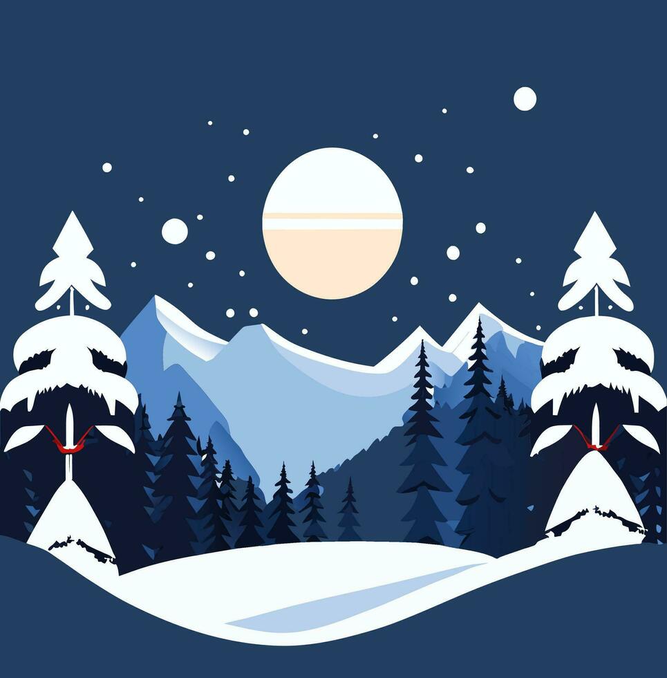 invierno montaña bosque paisaje fondo, pino nieve arboles bosque plano vector ilustración