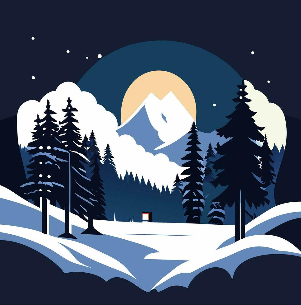 Winter Mountain Forest Landscape Background, Pine Snow Trees Woods Flat Vector Illustration
