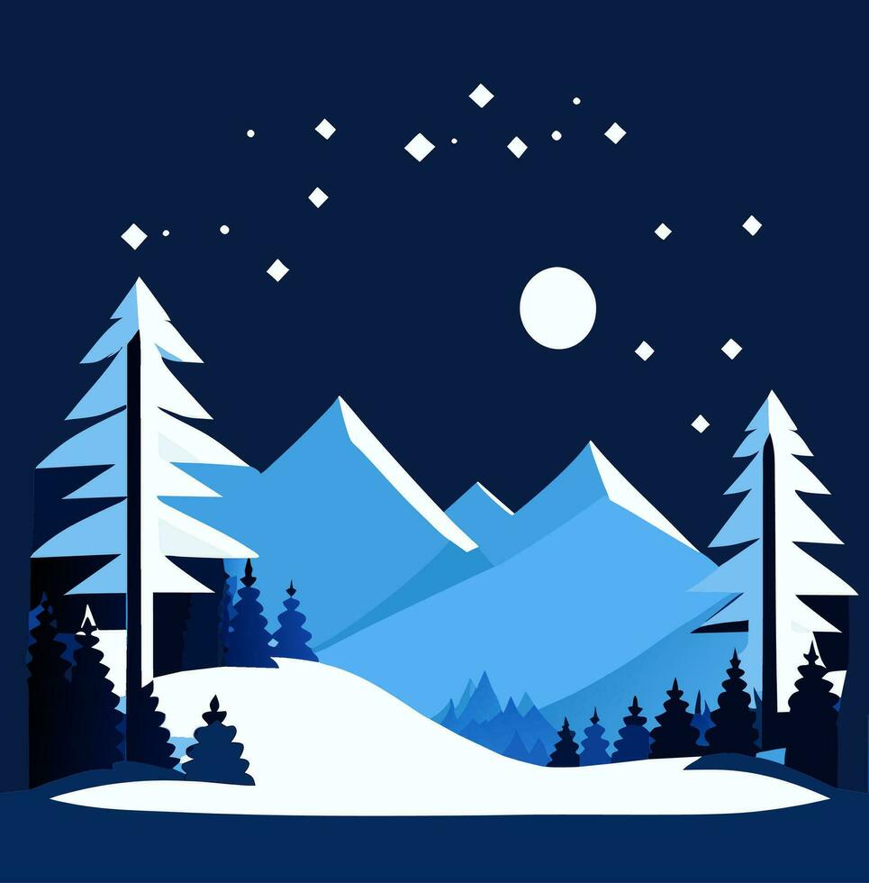 Winter Mountain Forest Landscape Background, Pine Snow Trees Woods Flat Vector Illustration