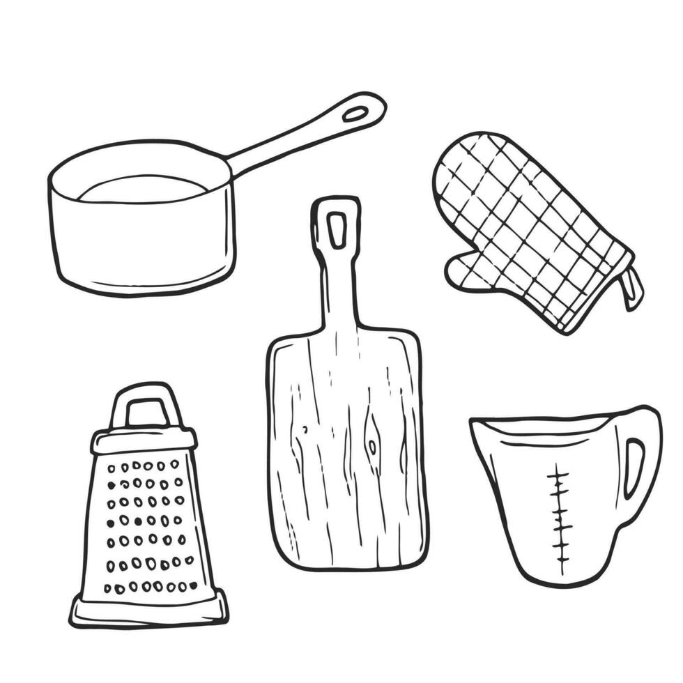 Set of kitchen tools doodles. Hand drawn kitchen equipments. Vector illustration on white background. Vector illustration for restaurant menu, recipe book, and wallpaper.